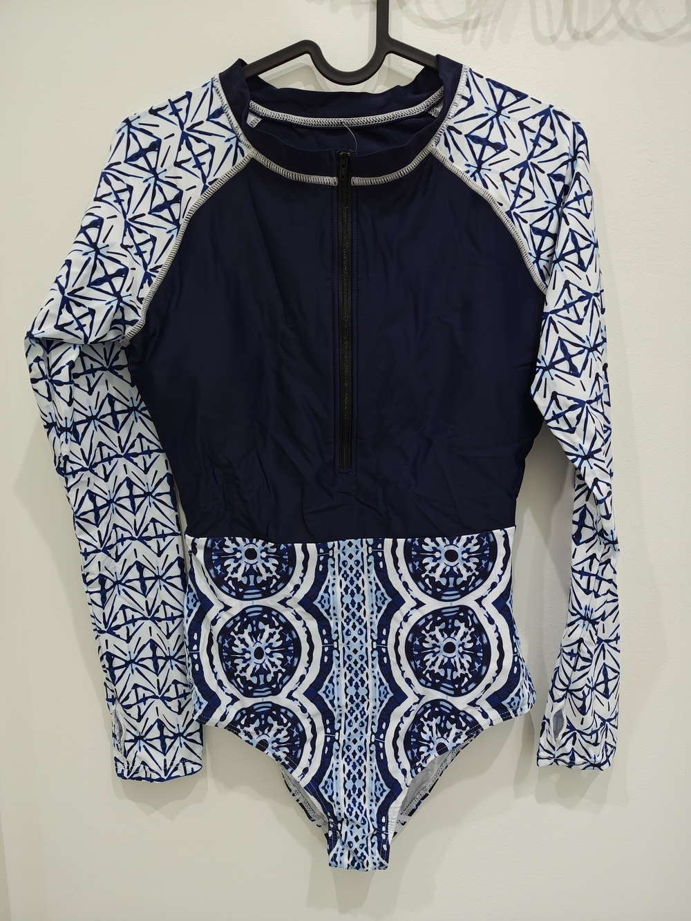 Long Sleeve Navy & White One-Piece Swimsuit with Front Zip